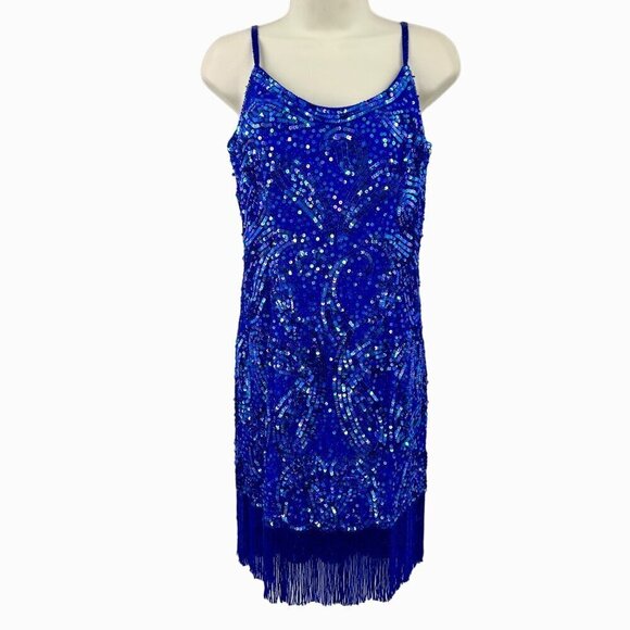 VINTAGE LILLIE RUBIN BLUE SEQUIN BEADED FRINGE FLAPPER COCKTAIL DRESS - M - Picture 1 of 6